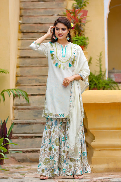 Women's White Handblock Dupatta Set