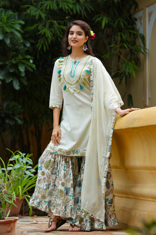 Women's White Handblock Dupatta Set