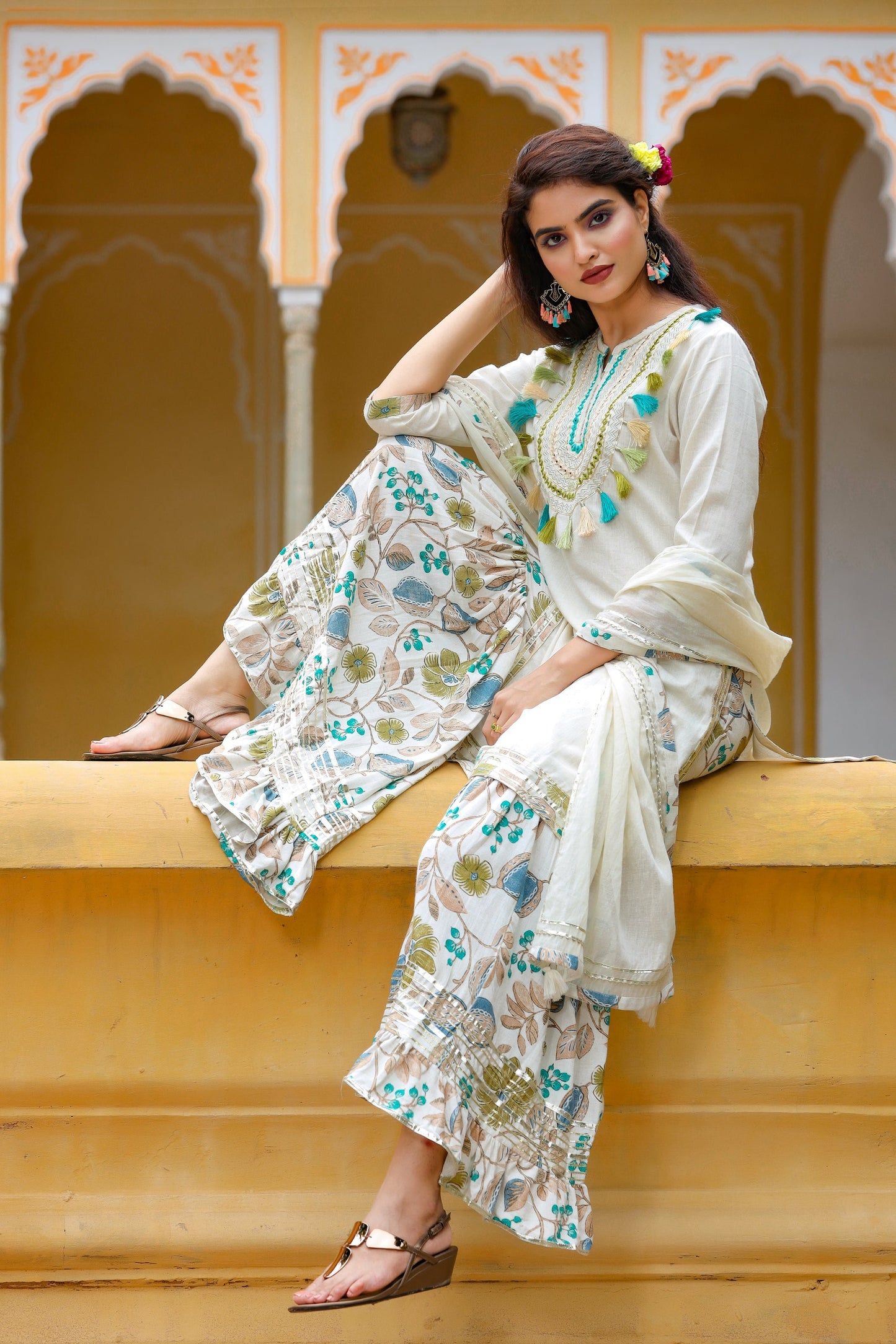 Women's White Handblock Dupatta Set