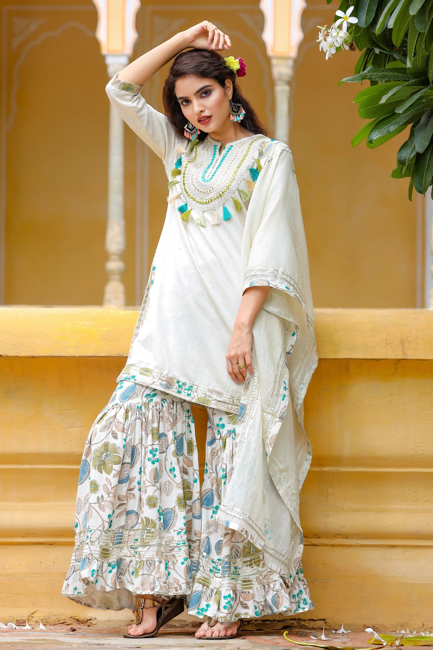 Women's White Handblock Dupatta Set