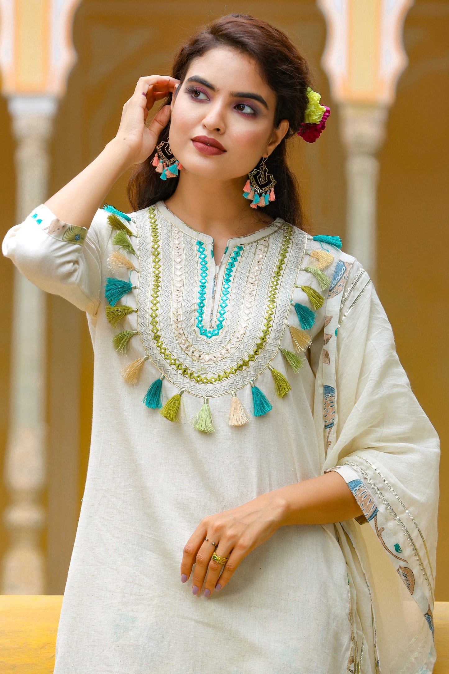 Women's White Handblock Dupatta Set