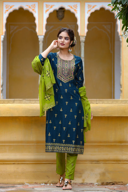 Women's Blue & Green Kurta Set