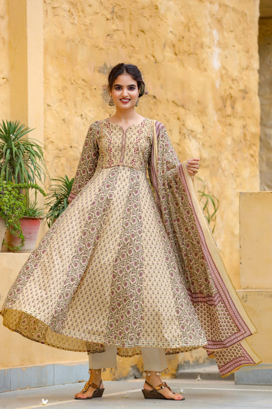 Women's Beige Handblock Printed Kurta With Dupatta