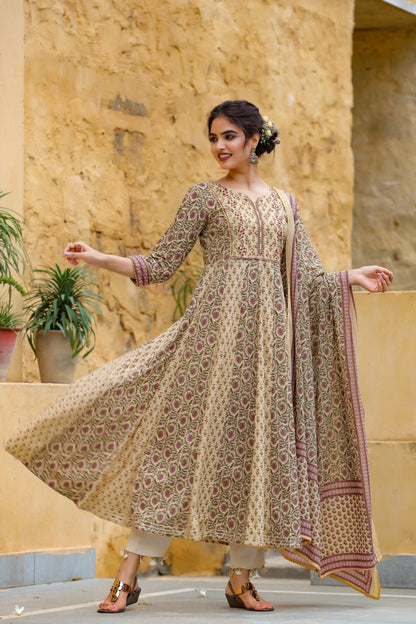 Women's Beige Handblock Printed Kurta With Dupatta