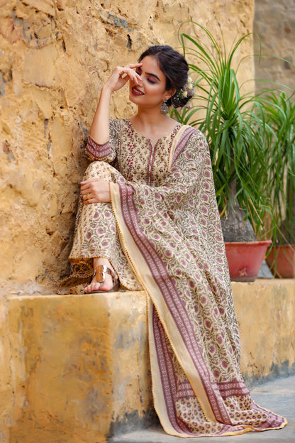 Women's Beige Handblock Printed Kurta With Dupatta
