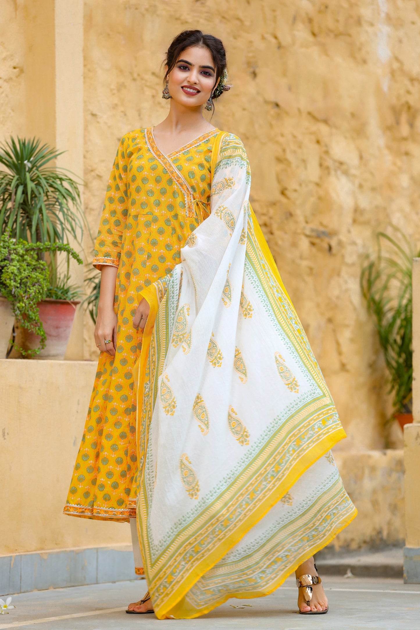 Women's Yellow Handblock Printed Dupatta Set