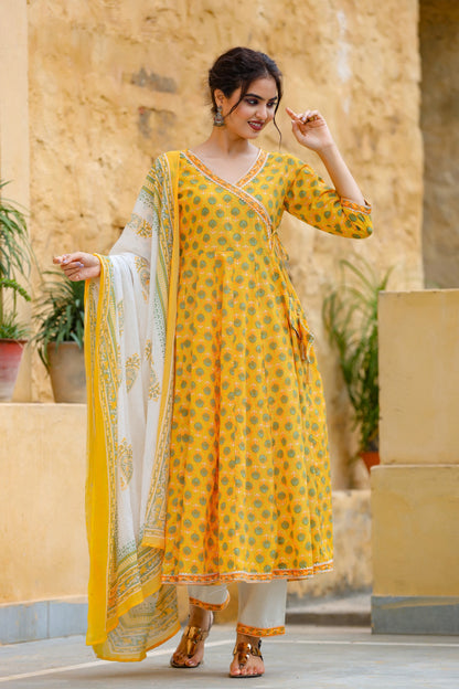 Women's Yellow Handblock Printed Dupatta Set