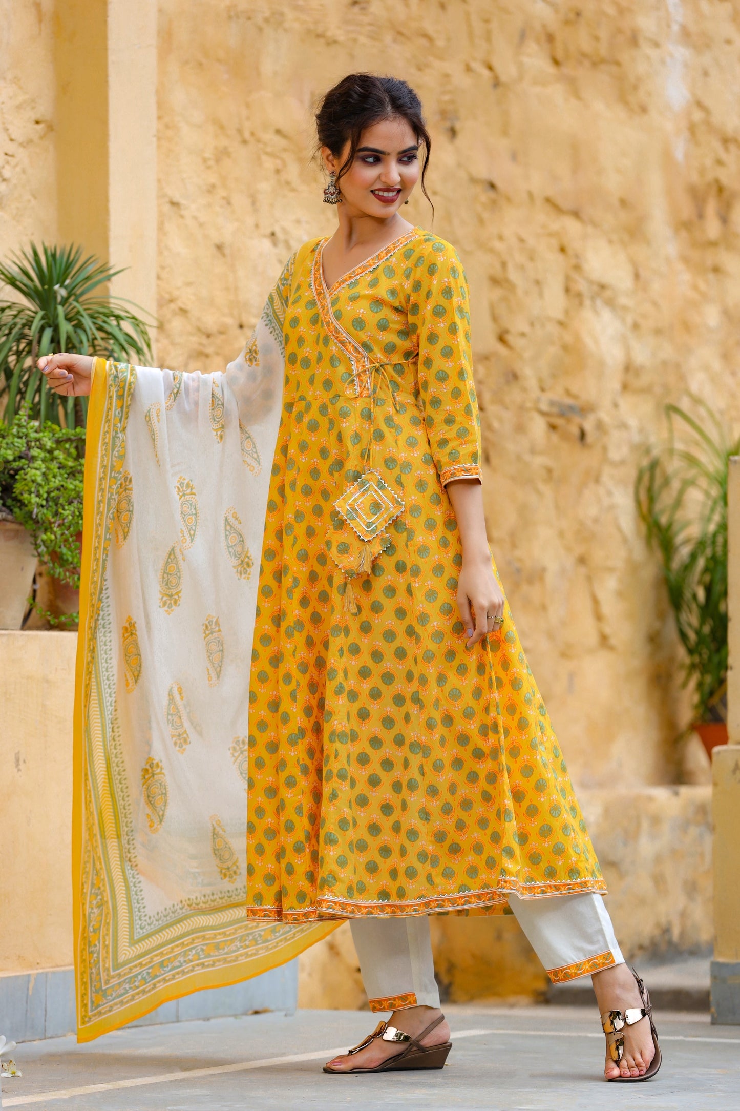 Women's Yellow Handblock Printed Dupatta Set
