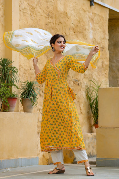 Women's Yellow Handblock Printed Dupatta Set