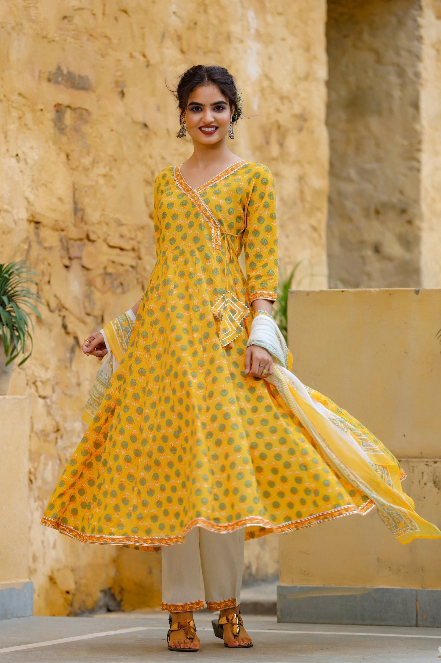 Women's Yellow Handblock Printed Dupatta Set