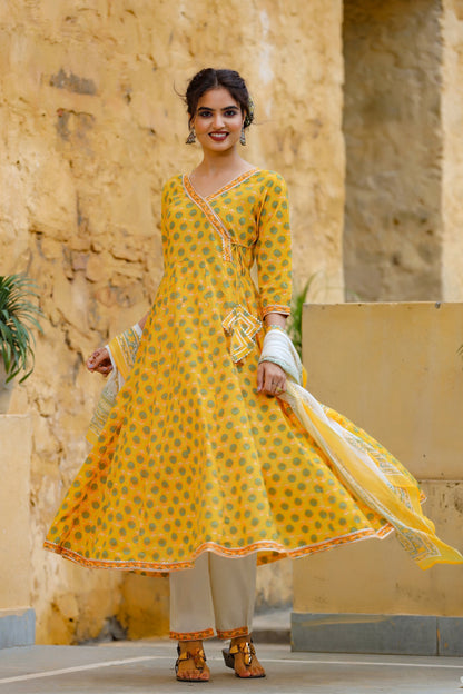 Women's Yellow Handblock Printed Dupatta Set