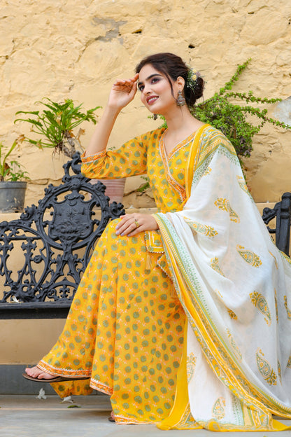 Women's Yellow Handblock Printed Dupatta Set