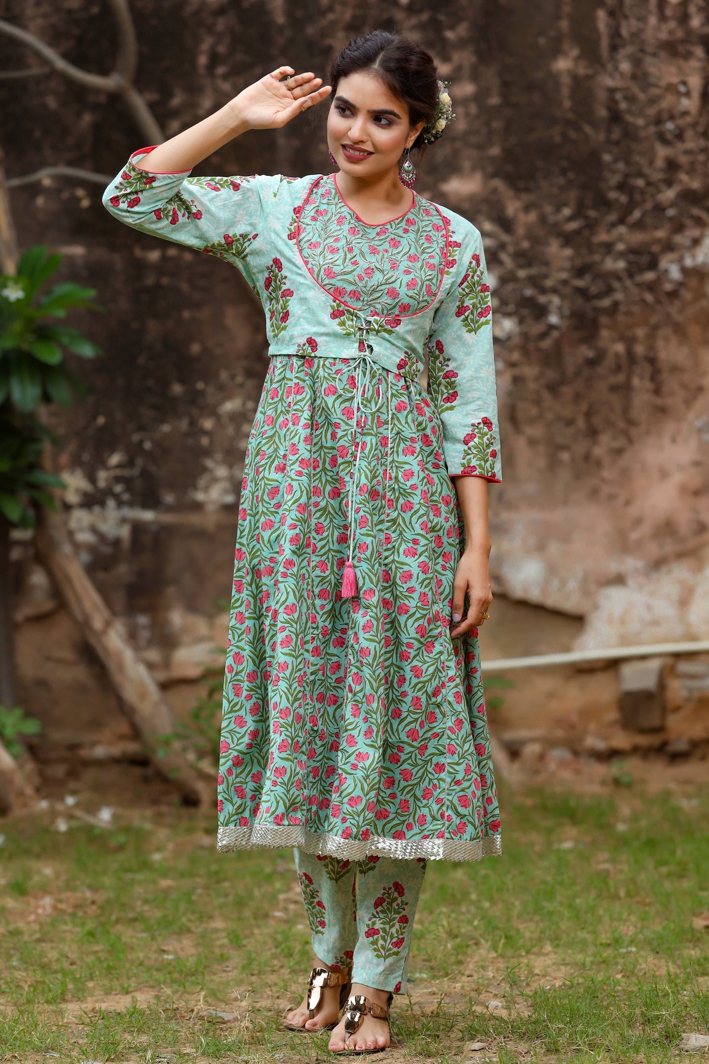 Women's Green Handblock Kurta Set
