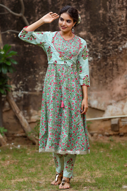 Women's Green Handblock Kurta Set