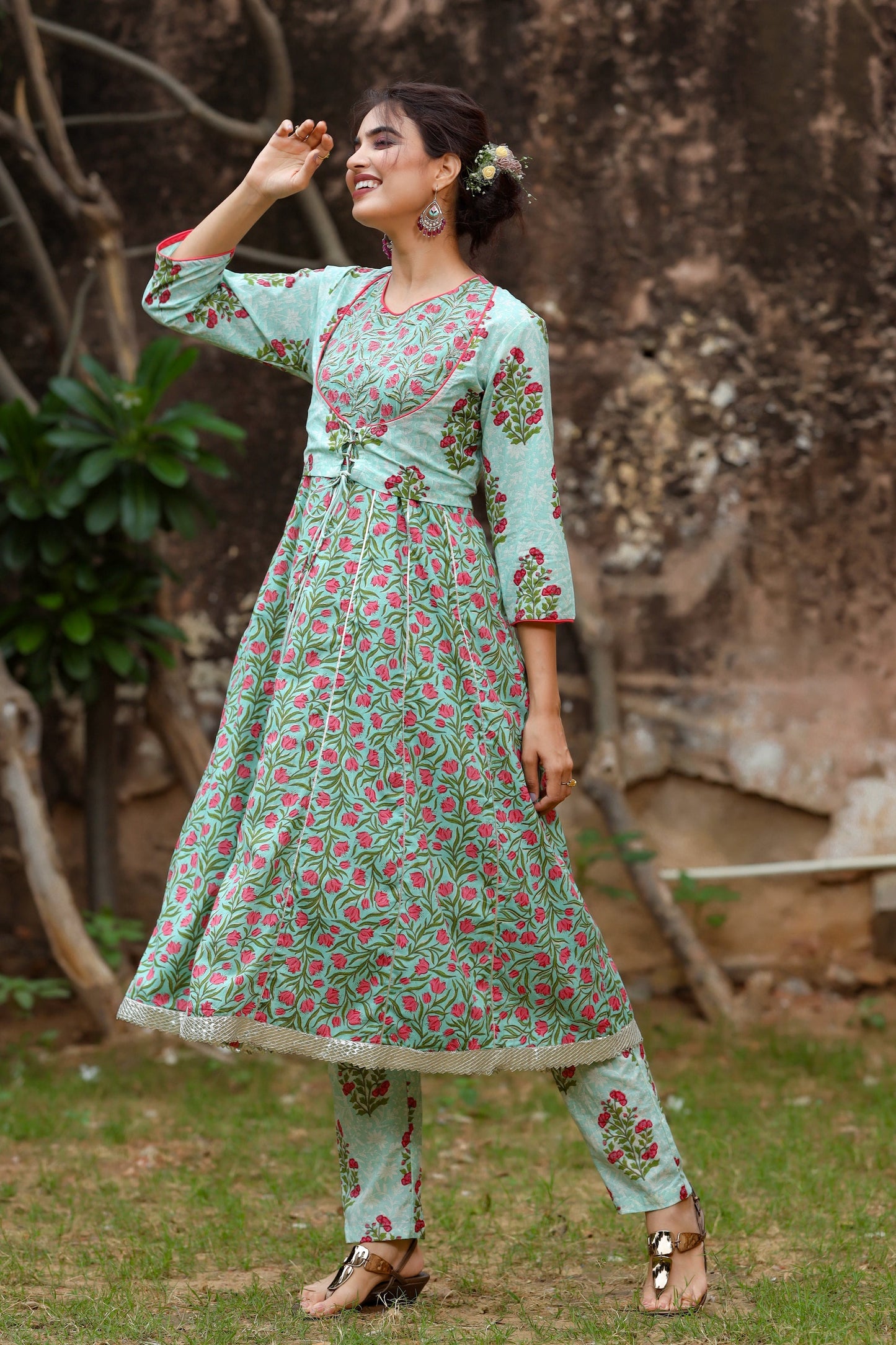 Women's Green Handblock Kurta Set