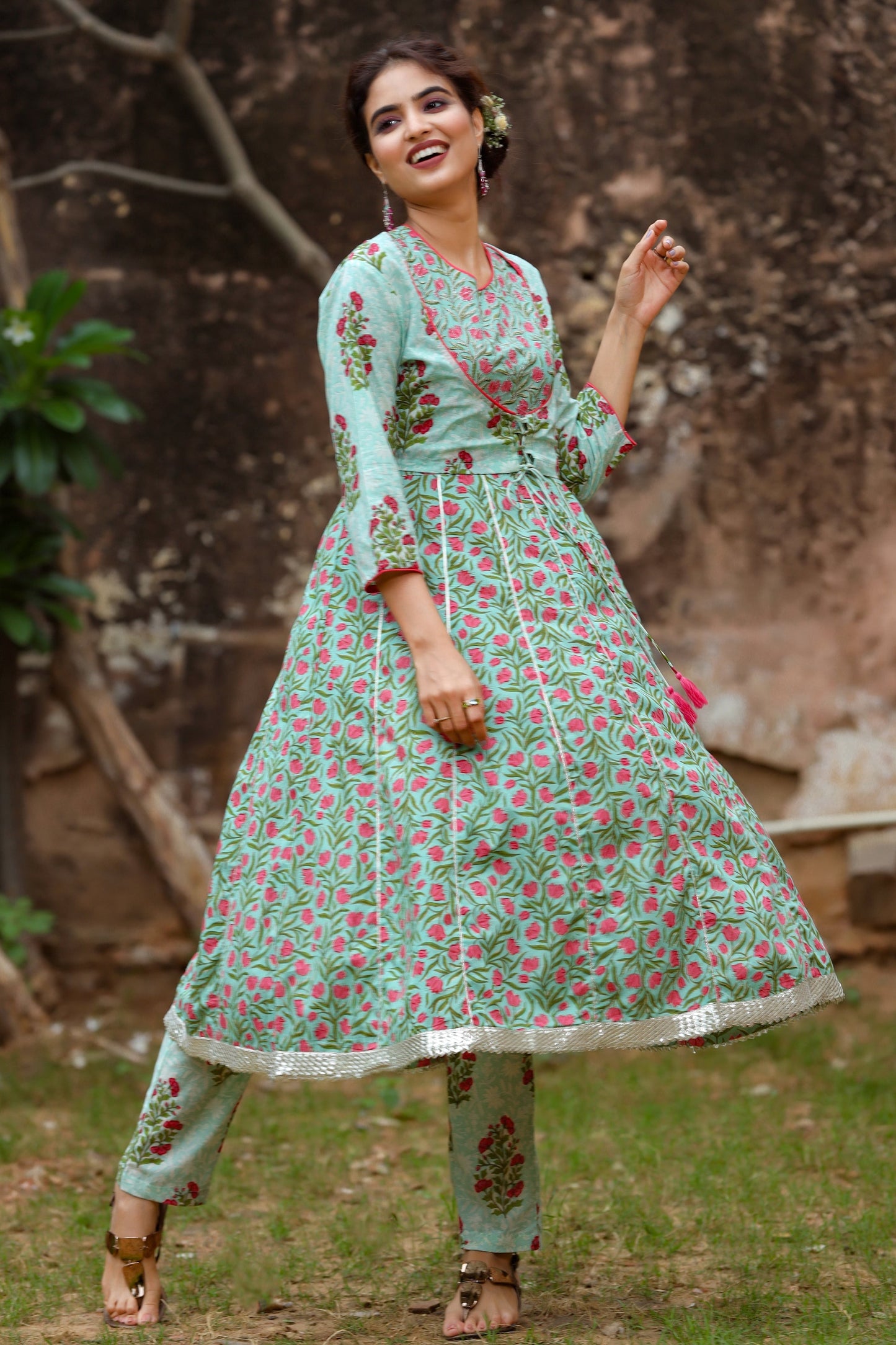 Women's Green Handblock Kurta Set