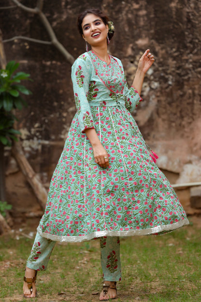 Women's Green Handblock Kurta Set