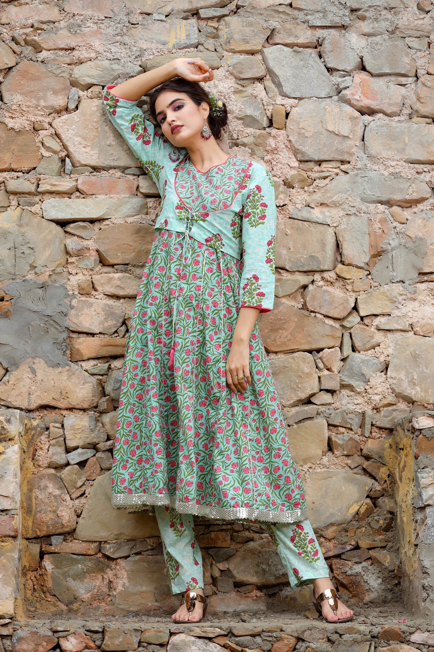 Women's Green Handblock Kurta Set