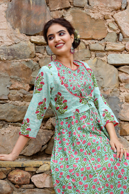 Women's Green Handblock Kurta Set