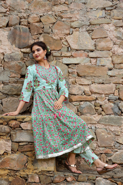 Women's Green Handblock Kurta Set