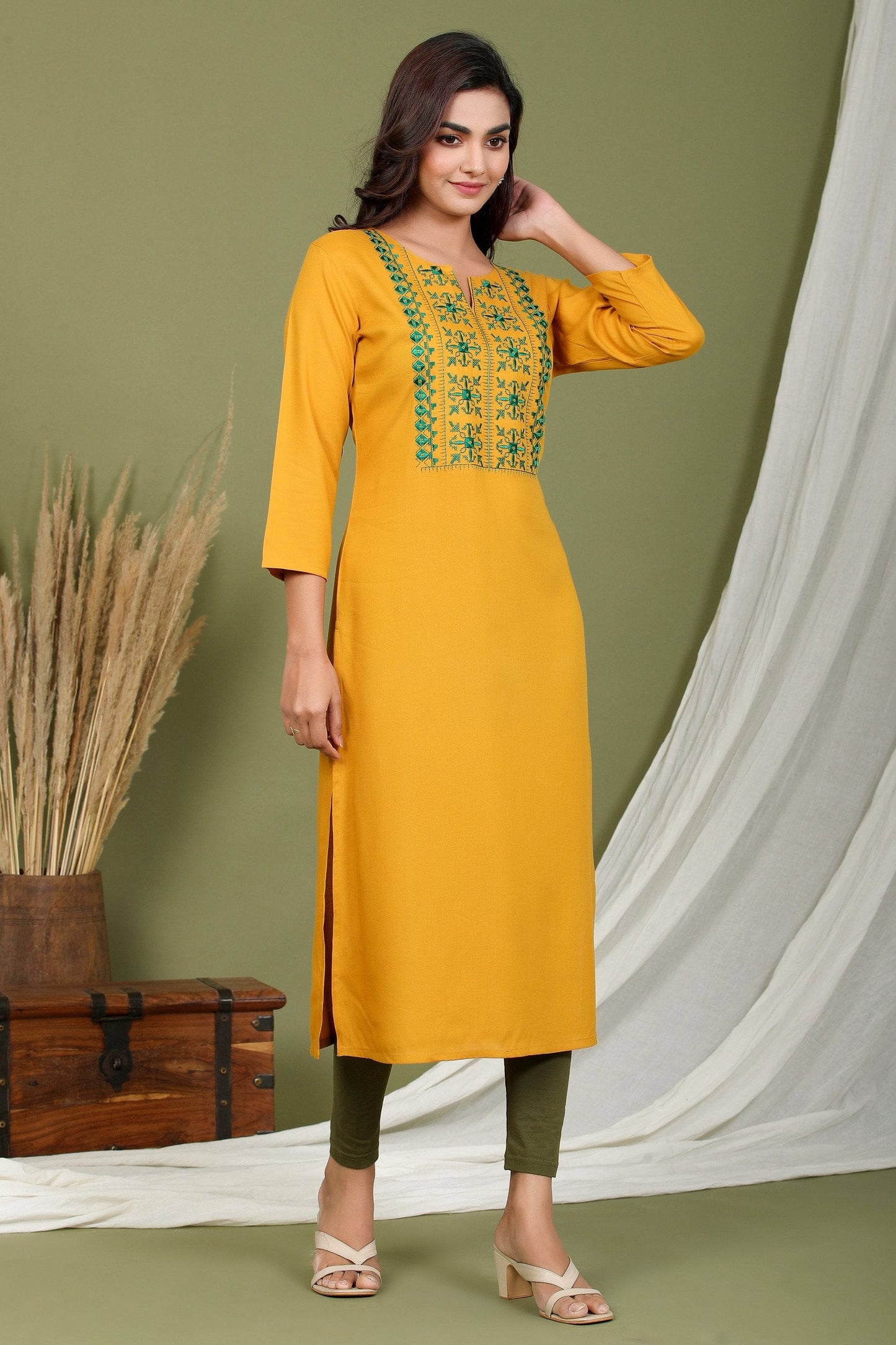 Women's Mustard Embroidered Kurta