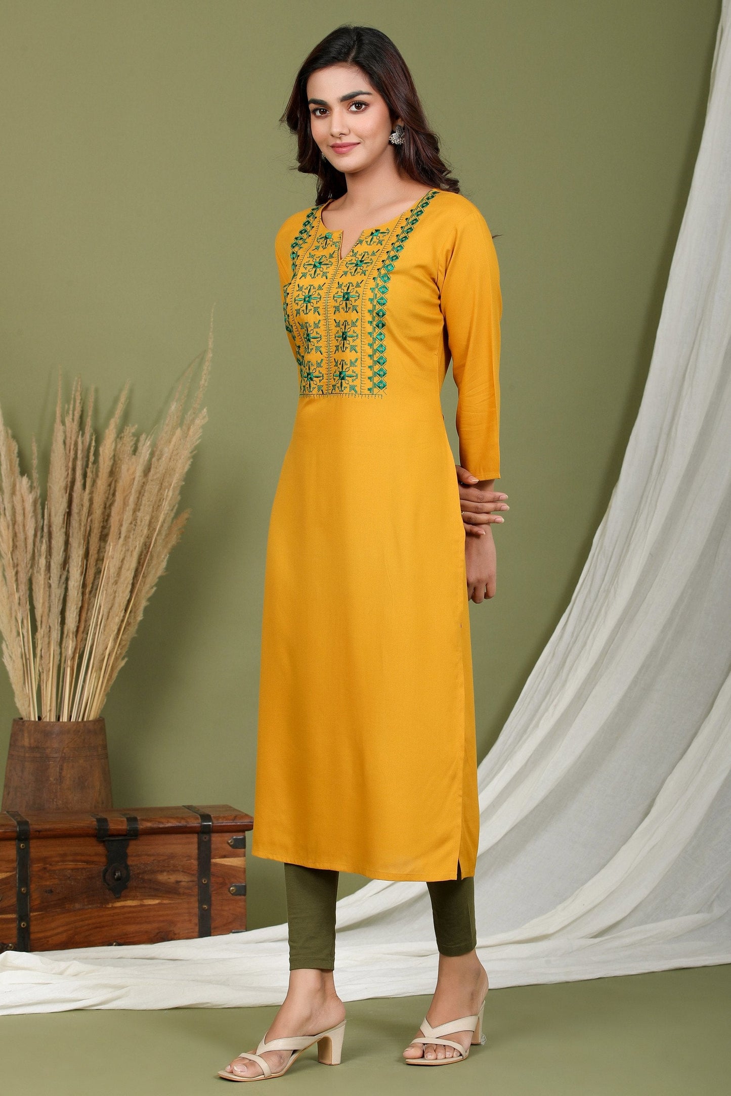 Women's Mustard Embroidered Kurta