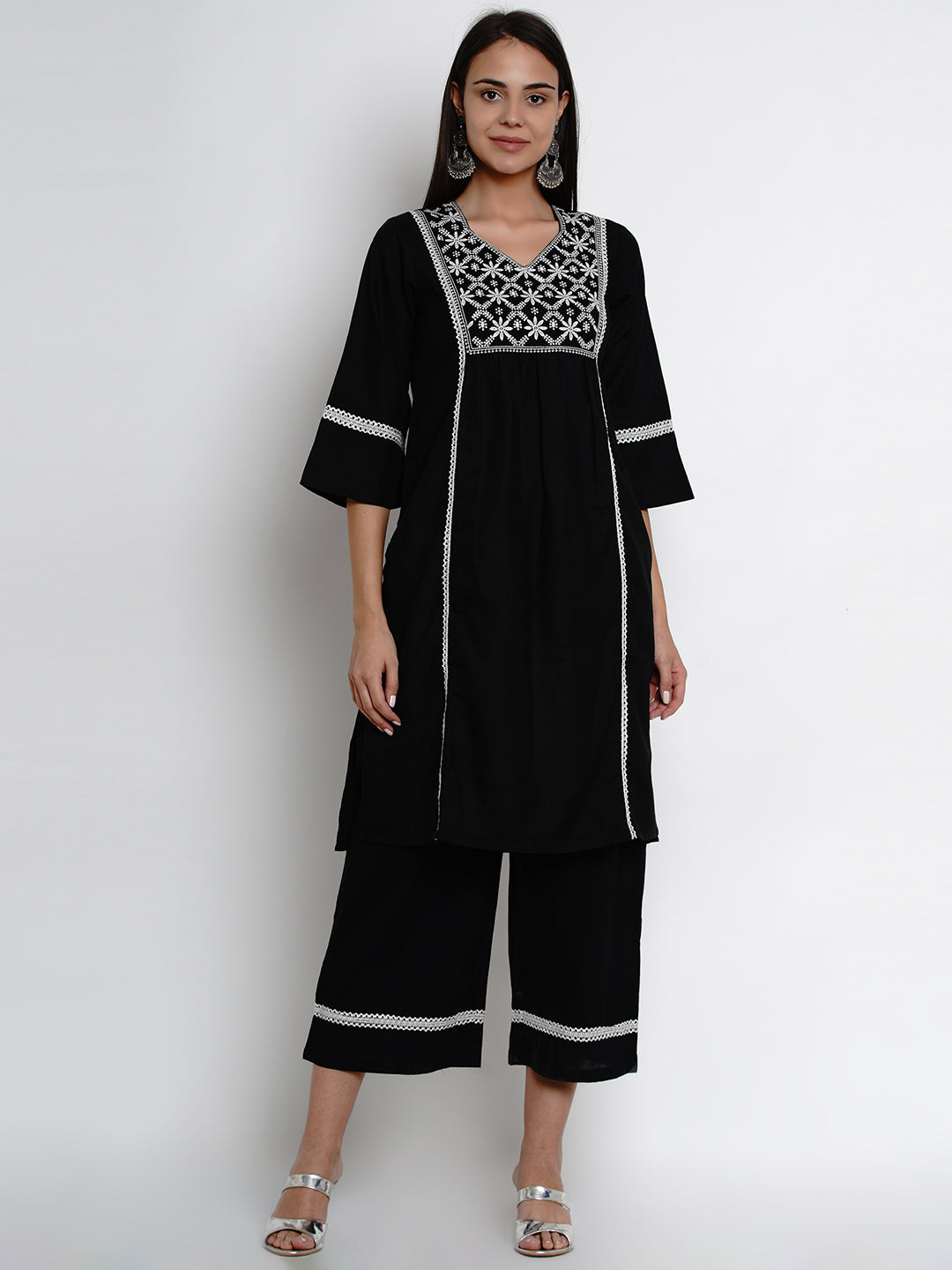Women's Black Embroidered Kurta With Palazzos