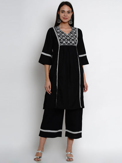 Women's Black Embroidered Kurta With Palazzos
