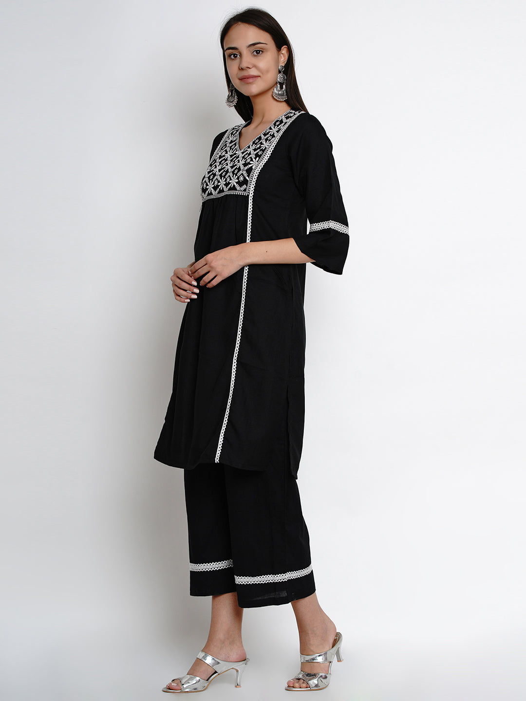 Women's Black Embroidered Kurta With Palazzos
