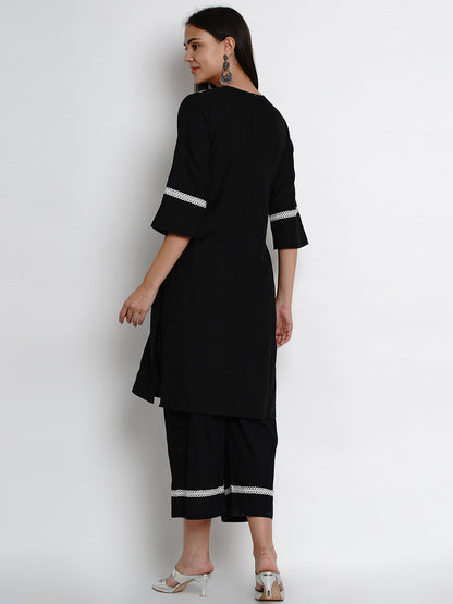 Women's Black Embroidered Kurta With Palazzos