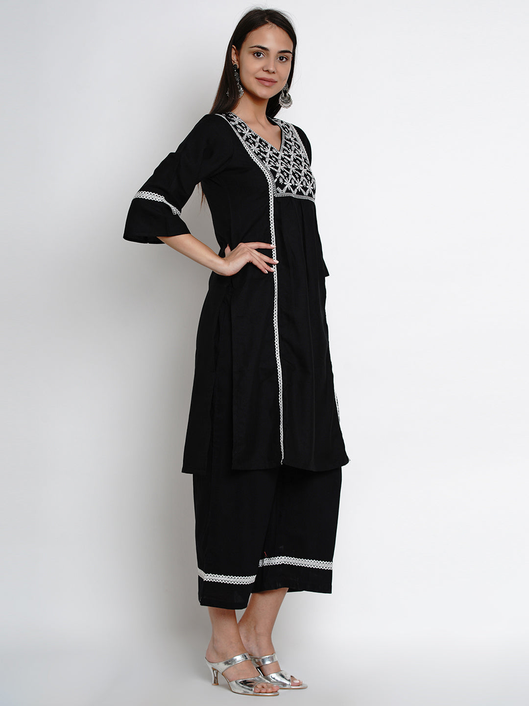 Women's Black Embroidered Kurta With Palazzos