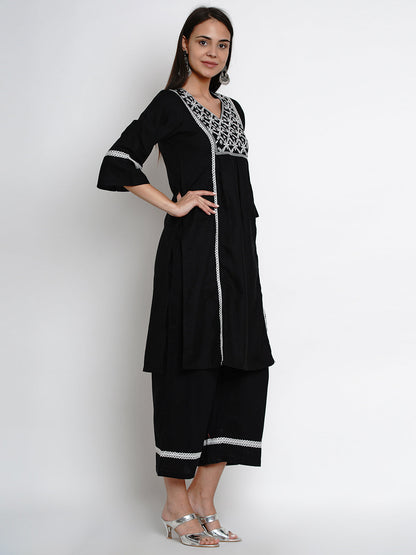 Women's Black Embroidered Kurta With Palazzos