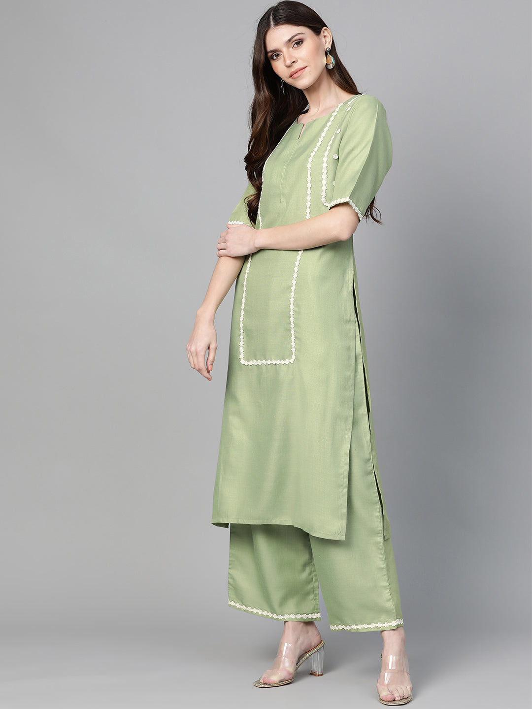 Women's Green Solid Kurta With Palazzos