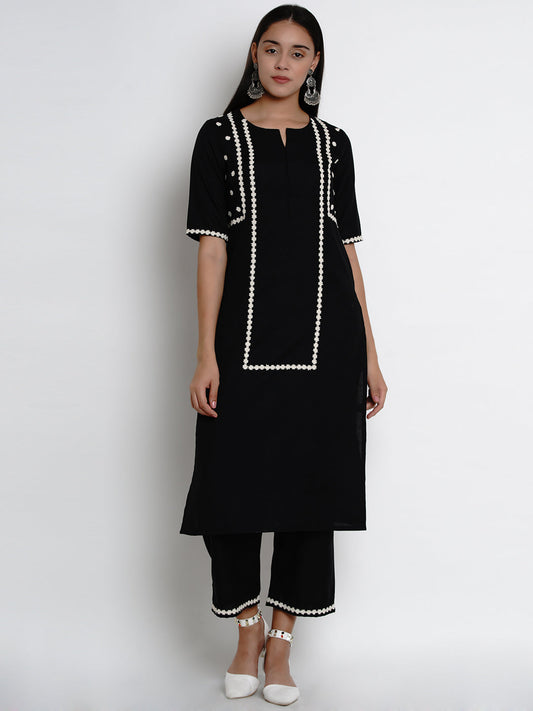 Women's Black And White Embroidered Kurta With Palazzos