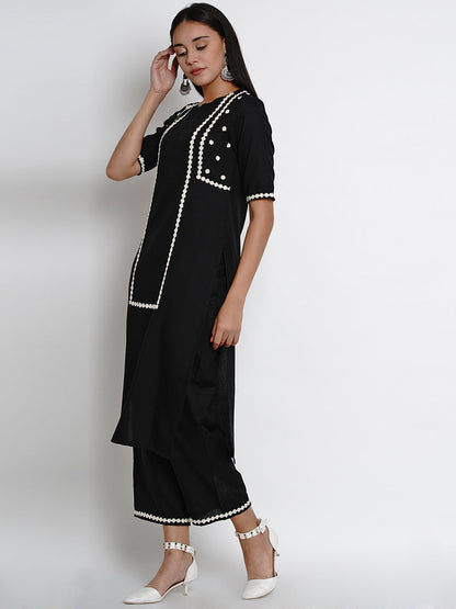 Women's Black And White Embroidered Kurta With Palazzos