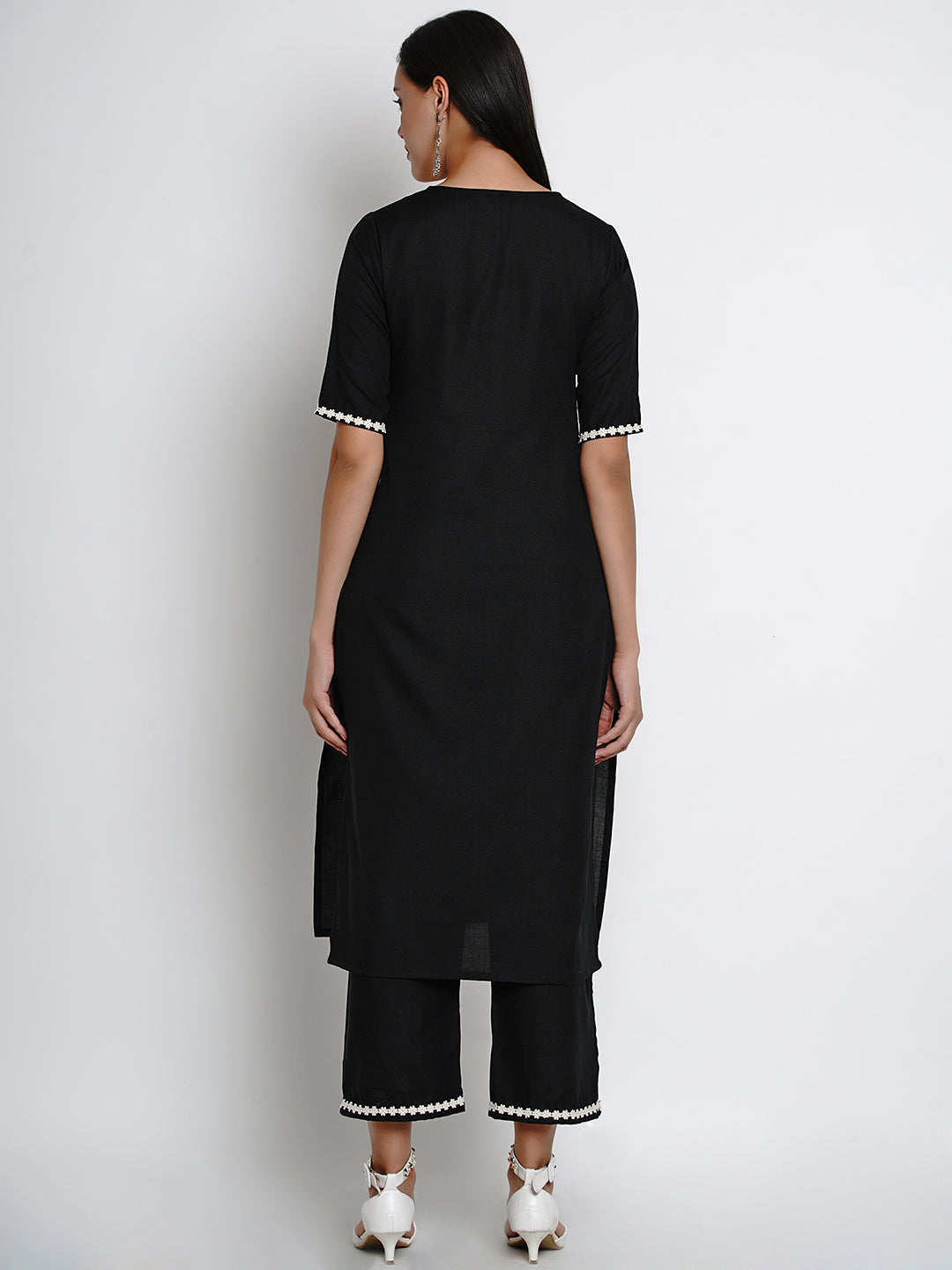 Women's Black And White Embroidered Kurta With Palazzos
