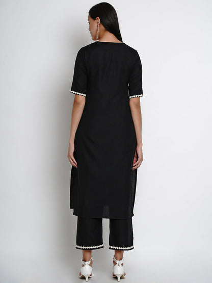 Women's Black And White Embroidered Kurta With Palazzos