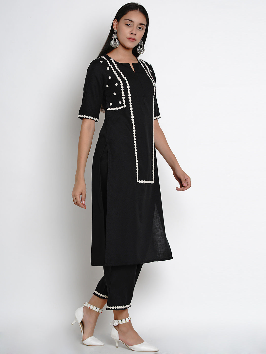 Women's Black And White Embroidered Kurta With Palazzos