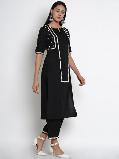 Women's Black And White Embroidered Kurta With Palazzos