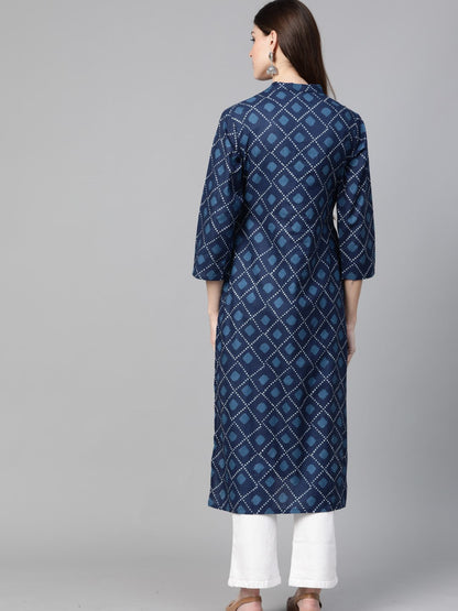 Women's Indigo Blue Straight Kurta With Lace Detail