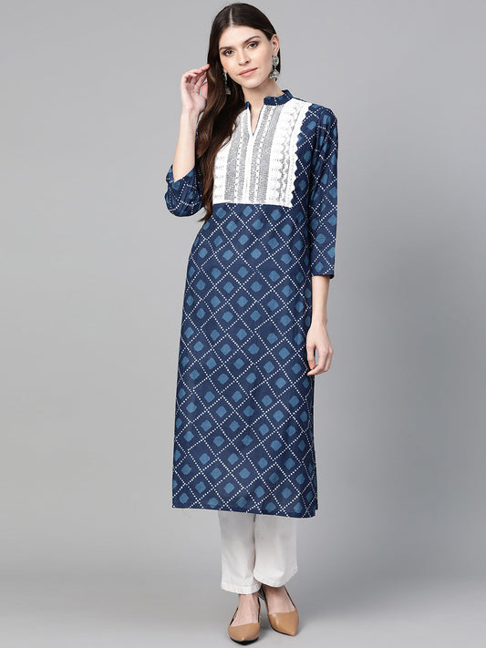 Women's Indigo Blue Straight Kurta With Lace Detail