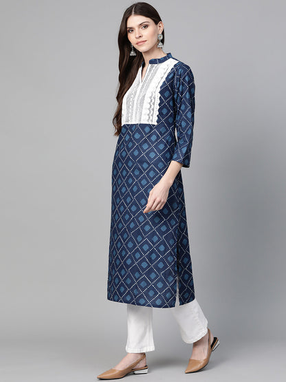 Women's Indigo Blue Straight Kurta With Lace Detail