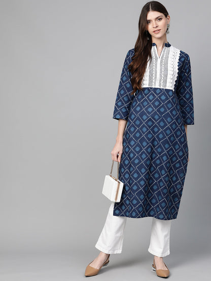 Women's Indigo Blue Straight Kurta With Lace Detail
