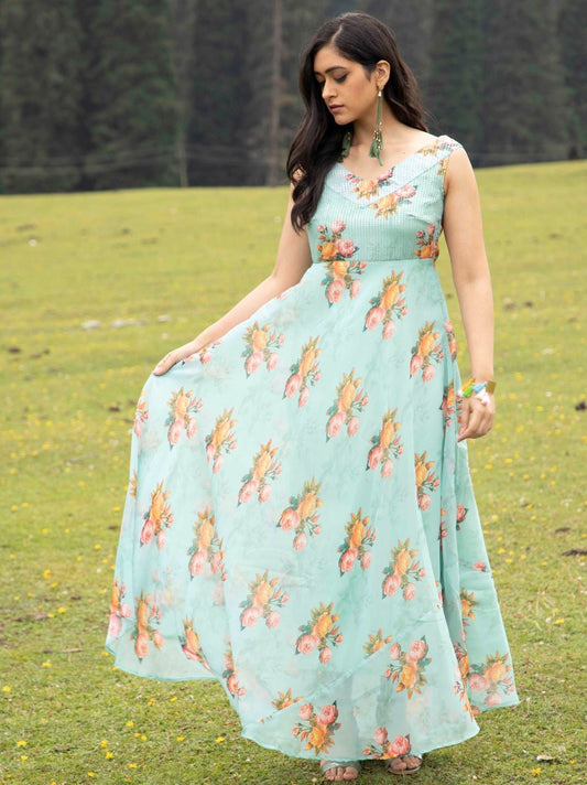 Women's Green Floral Print V-Neck Gown Dress