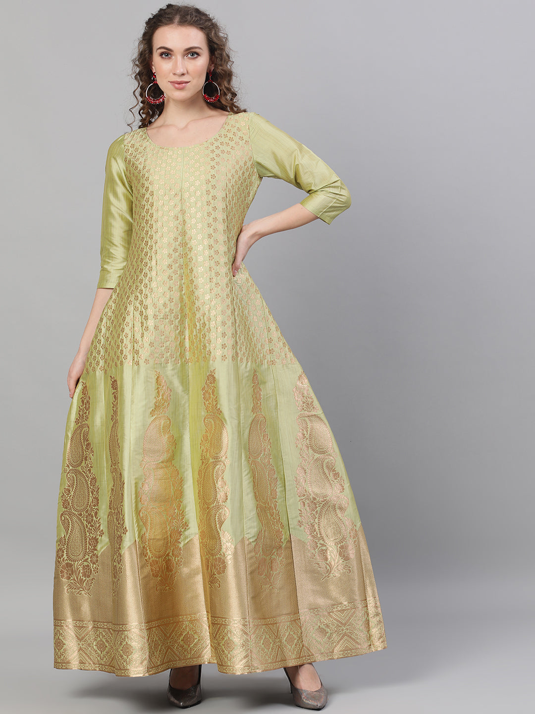 Women's Gold Jacquard Zari Work Maxi Dress