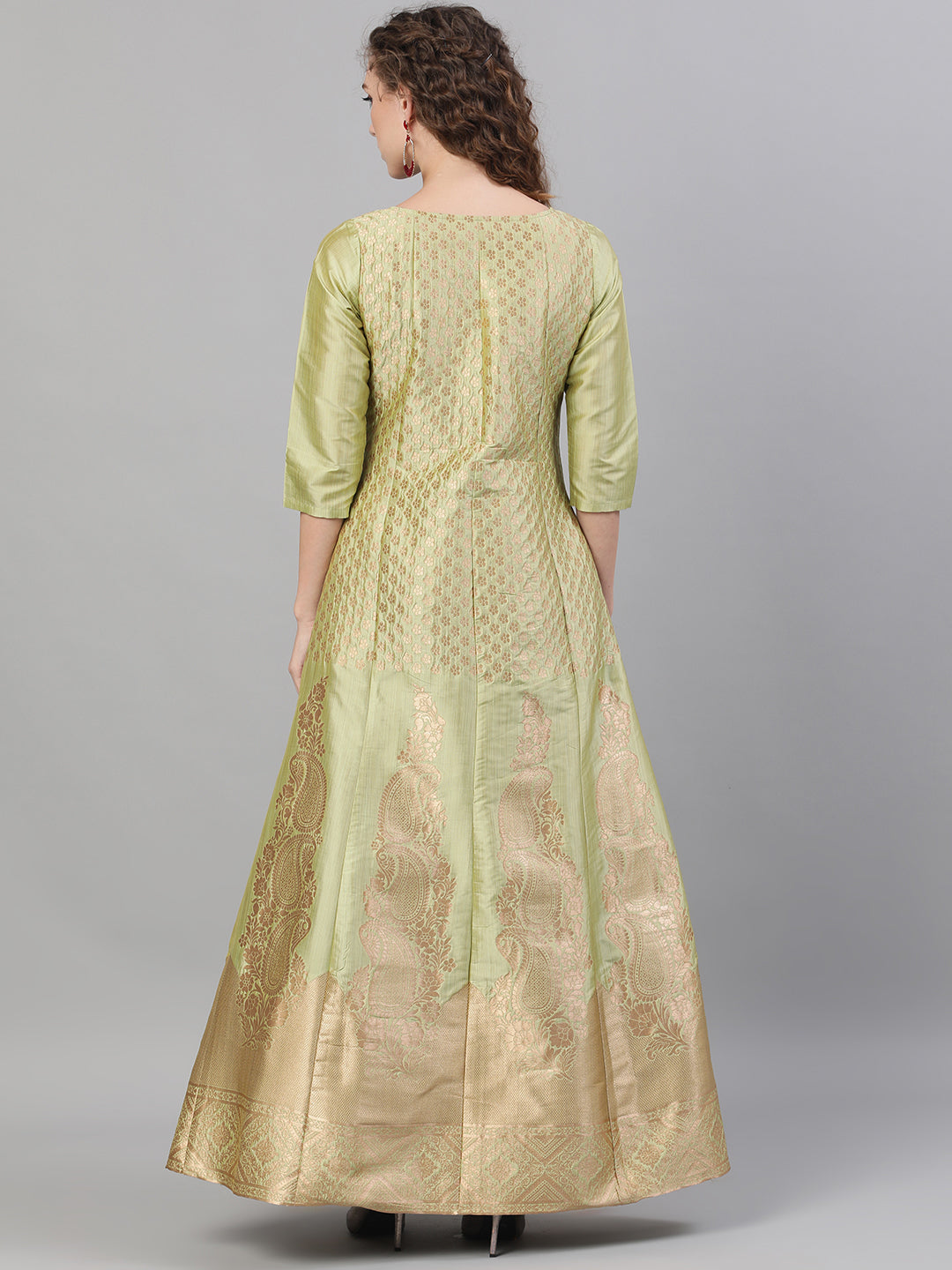 Women's Gold Jacquard Zari Work Maxi Dress