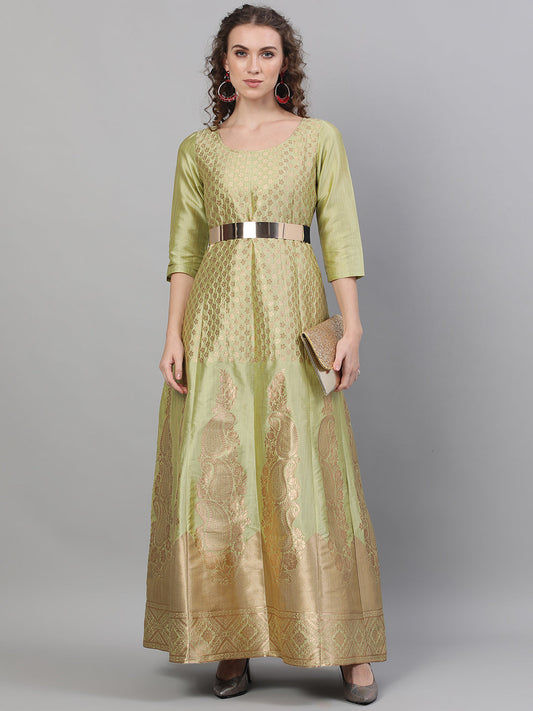 Women's Gold Jacquard Zari Work Maxi Dress
