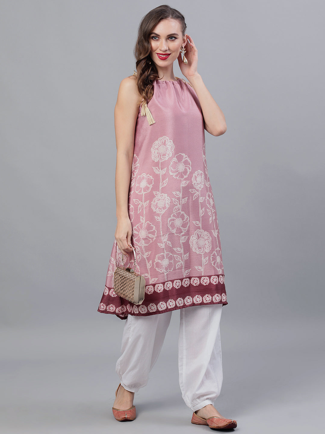 Women's Purple Floral Print A-Line Kurta
