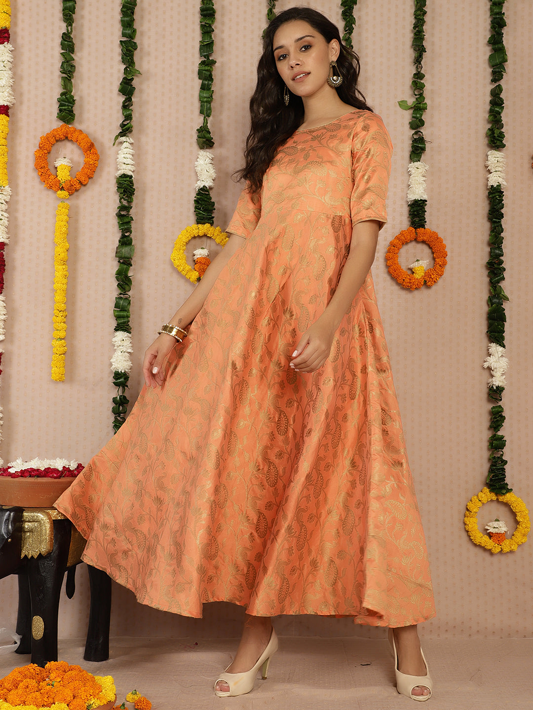 Women's Peach Jacquard Flared Maxi Dress