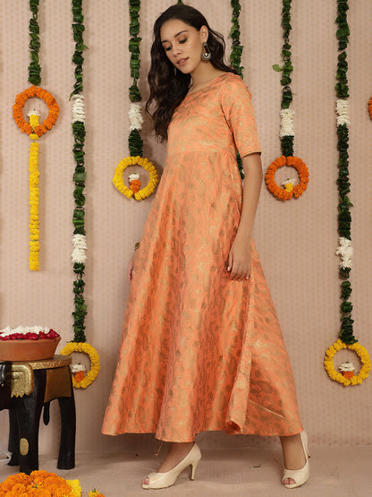 Women's Peach Jacquard Flared Maxi Dress